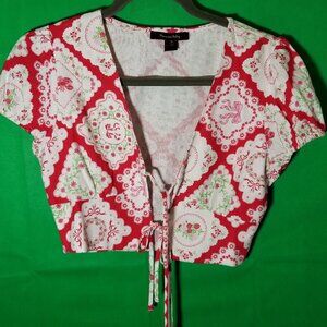 Max and Riley White Red Women Small Crop Top Western Shabby Chic Floral Linen